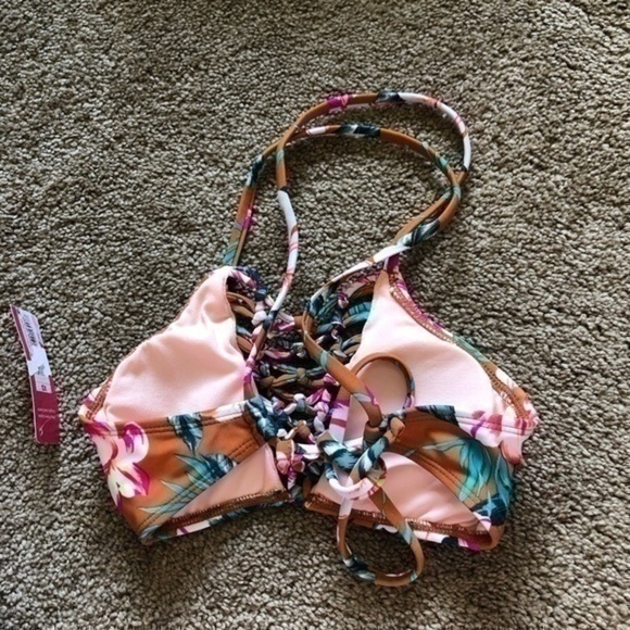 NEW NWT XHILARATION Macrame Strappy High Neck Bikini Top Mustard Gold Floral XS - Picture 7 of 9